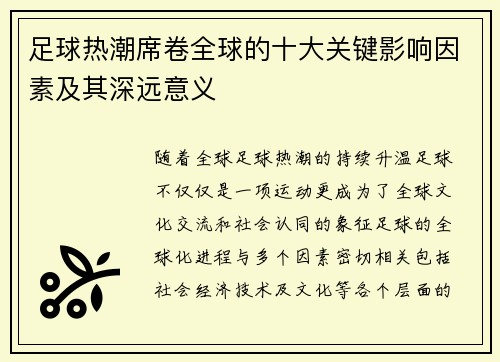 足球热潮席卷全球的十大关键影响因素及其深远意义