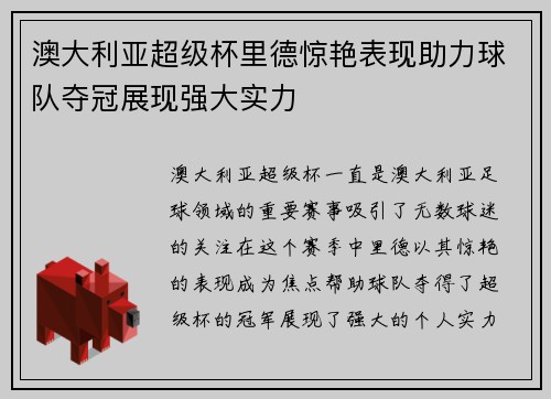 澳大利亚超级杯里德惊艳表现助力球队夺冠展现强大实力